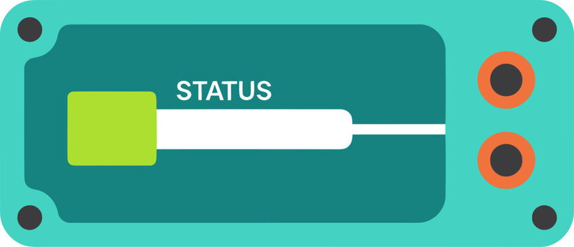 Modern filament runout sensor smart graphic. Teal and grey design with a clear status display. Clean, minimalist illustration suitable for tech and industrial themes.