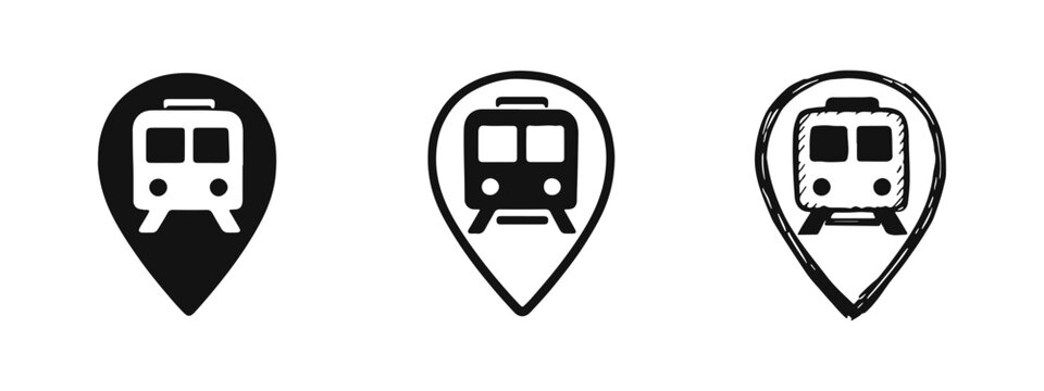 Train station and public transport location pin icon set in solid, outline, and hand-drawn styles.