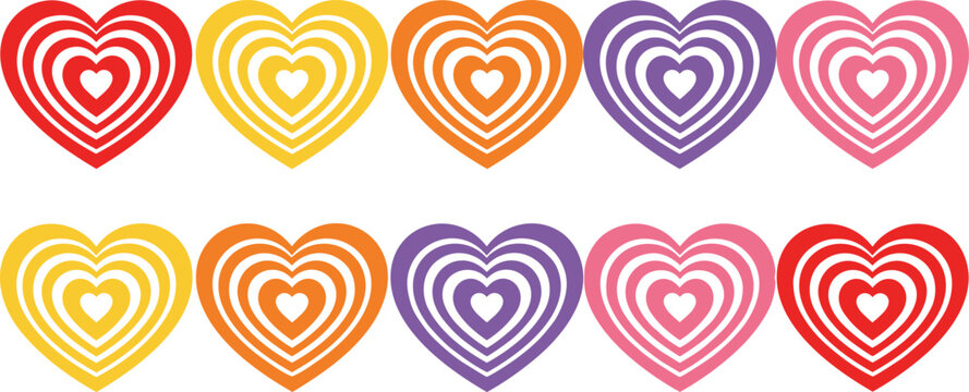 Colorful psychedelic heart vector collection featuring concentric layered shapes in red yellow orange purple and pink for retro designs.