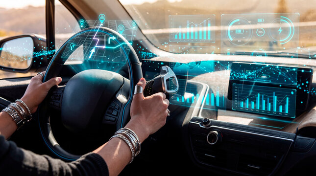 Calm driver navigating smart car with holographic dashboard