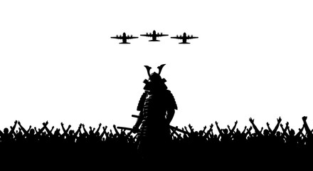 Samurai Warrior Silhouette with Airplanes and Crowd