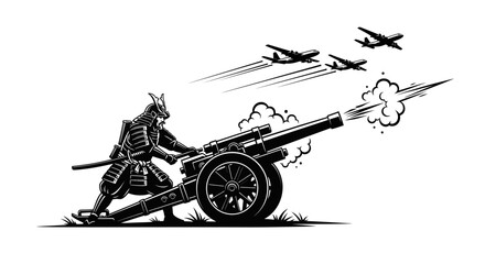 Samurai Warrior Fires Cannon at Airplanes, Historical Battle Scene, Black and White Illustration