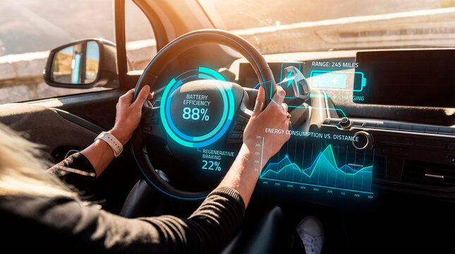 Focused driver analyzing EV energy efficiency dashboard