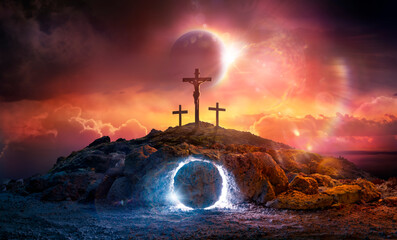 Plakat Crucifixion of Jesus Christ in Hill At Sunset And Empty Tomb With Rolled Stone With Abstract Lights Flare Effects