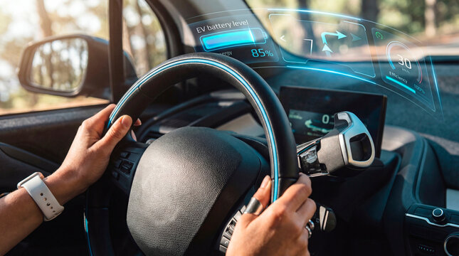 Confident driver interacting with smart EV navigation assistant