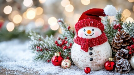 Smiling Snowman with Festive Christmas Decorations and Soft Bokeh Lights