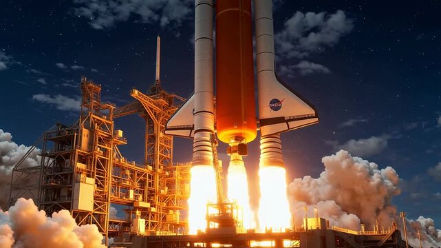 Space shuttle launch at night