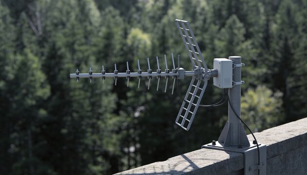 Closeup medium shot of a wireless relay system perched at the edge of a dense forest focused antennas contrasted against soft blurred tree canopy beyond.
