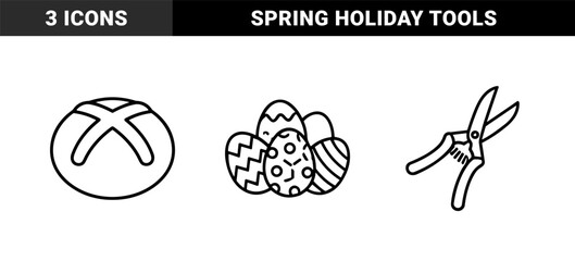 Obraz premium Easter holiday and gardening season line art elements. Technical monoline pictograms featuring decorated eggs, hot cross buns, and pruning shears.