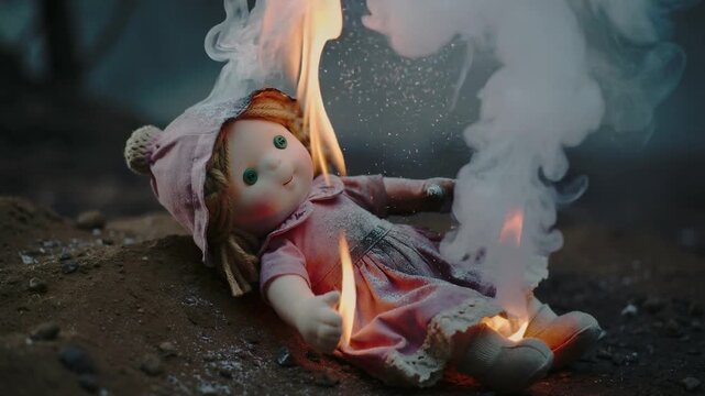 Abandoned Doll Burning on the Ground, Haunting Allegorical Video of Loss and Disaster