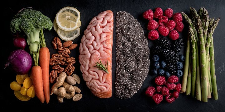 A picture of a brain with a variety of foods for brain health and good memory: fresh salmon, vegetables, nuts, and berries on a black background