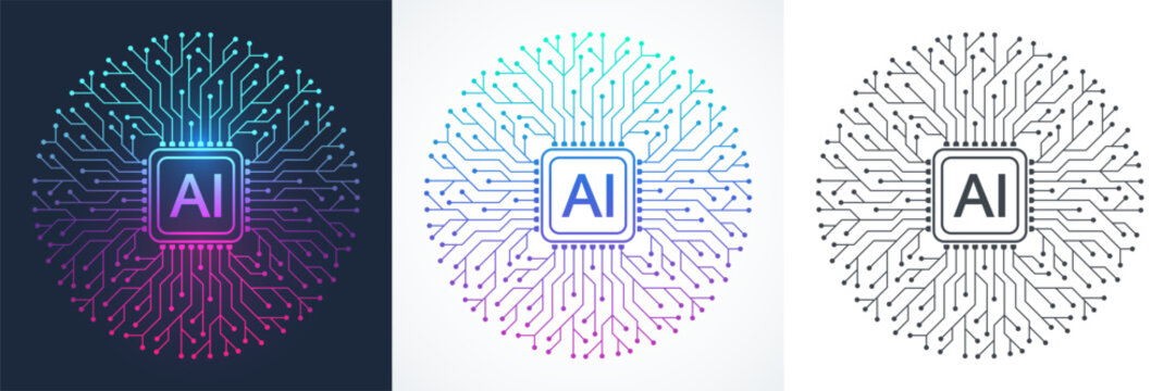 Modern handmade vector icon, sign, logo circuit line style in the Artificial intelligence concept. Set AI processor icon flat design. Motherboard digital chip AI.