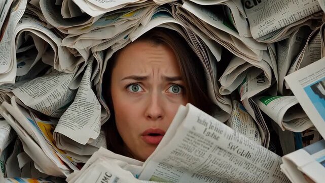 Woman surrounded by newspapers