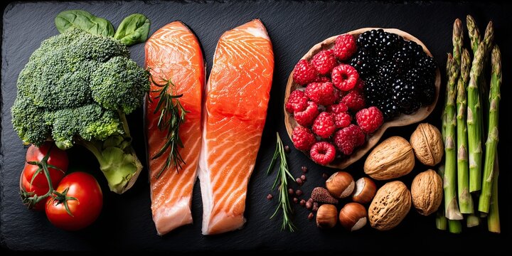 A picture of a brain with a variety of foods for brain health and good memory: fresh salmon, vegetables, nuts, and berries on a black background