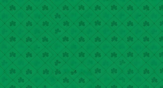 A dark green, distressed background features a subtle, repeating argyle diamond pattern overlaid with faint shamrock silhouettes.