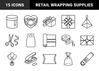 Gift packaging and retail shipping supply line art. Minimalist monoline pictograms for ecommerce delivery, celebratory wrapping, and parcel logistics.