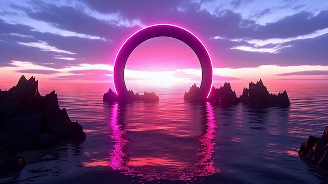 Seaside neon circular frame abstract background