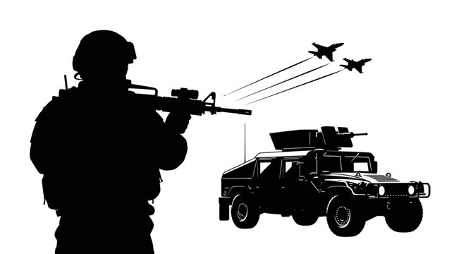 Silhouette Soldier Aims Rifle Near Humvee and Fighter Jets in Combat Scene