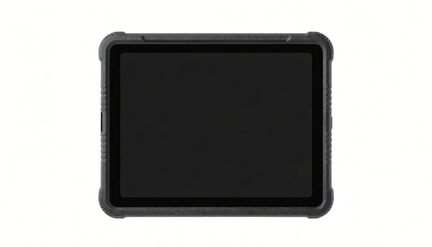 Rugged tablet with dark screen in protective case