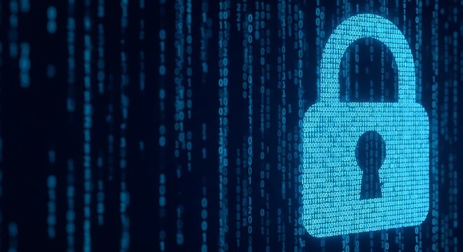 Digital padlock graphic rendered over a blue background of cascading binary code