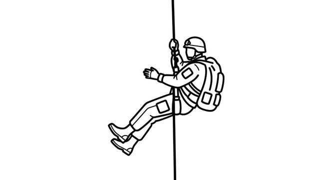 Soldier rappelling down a rope with backpack, military training, extreme sport, action, adventure