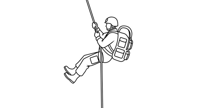 Soldier rappelling down rope with backpack and helmet, military training, extreme sport