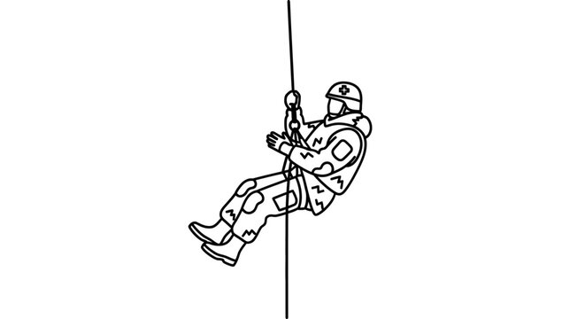 Soldier rappelling down a rope, military training, action, outdoor, dynamic pose
