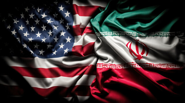 Two flags, United States and Iran, in dramatic lighting