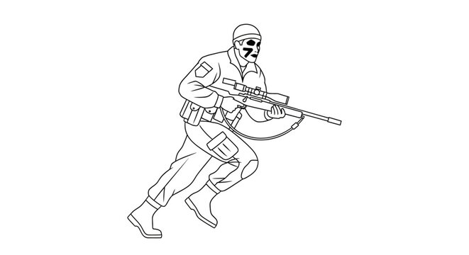 Soldier Running with Sniper Rifle, Camouflage Face Paint, Tactical Gear, Military Action