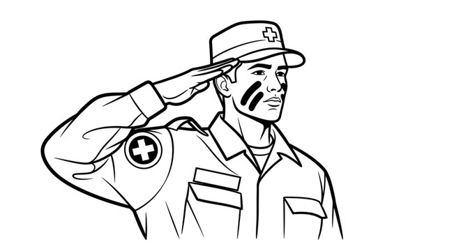 Soldier Saluting with Camouflage Paint and Red Cross Emblem