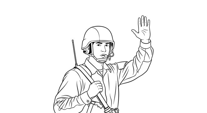 Soldier Signaling Halt with Hand, Military Communication, Vintage Style
