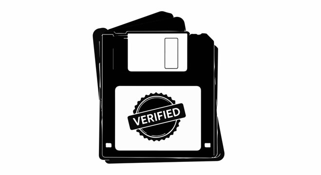 Retro floppy disk with a "verified" stamp, symbolizing data security and digital archiving.