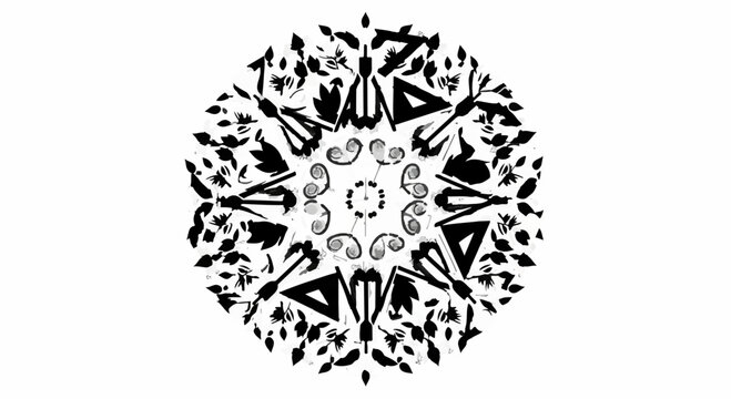 Intricate black and white mandala pattern with organic floral and insect motifs