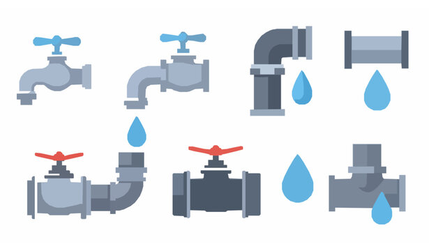 Water pipe and faucet valve flat plumbing icon collection