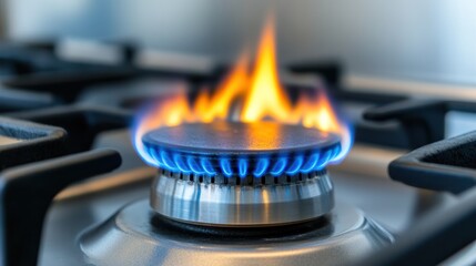 Flaming Stove Burner: A close-up view of a stove burner ignited, showcasing vibrant flames rising from the gas outlet. capturing the intense heat and energy.