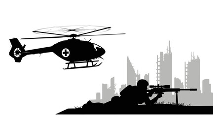 Obraz premium Sniper soldier aiming with rifle near destroyed city skyline and medical helicopter flying