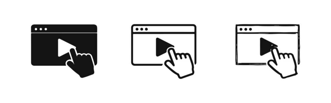Video play button in browser window icon set. Hand clicking media player for online streaming and content.