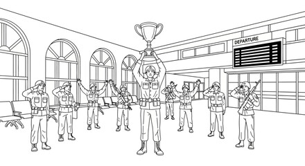 Obraz premium Soldiers Celebrate Victory with Trophy at Airport Departure Hall