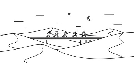 Fototapeta premium Soldiers Crossing Desert Bridge Under Moon and Starry Sky