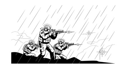 Obraz premium Soldiers in Rain Firing Rifles, Military Combat Scene, Dynamic Action
