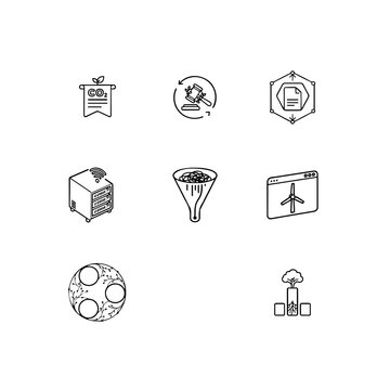Sustainable AdTech and green digital marketing linear icon set, carbon-neutral advertising, low-emission programmatic and eco-friendly media vector symbols