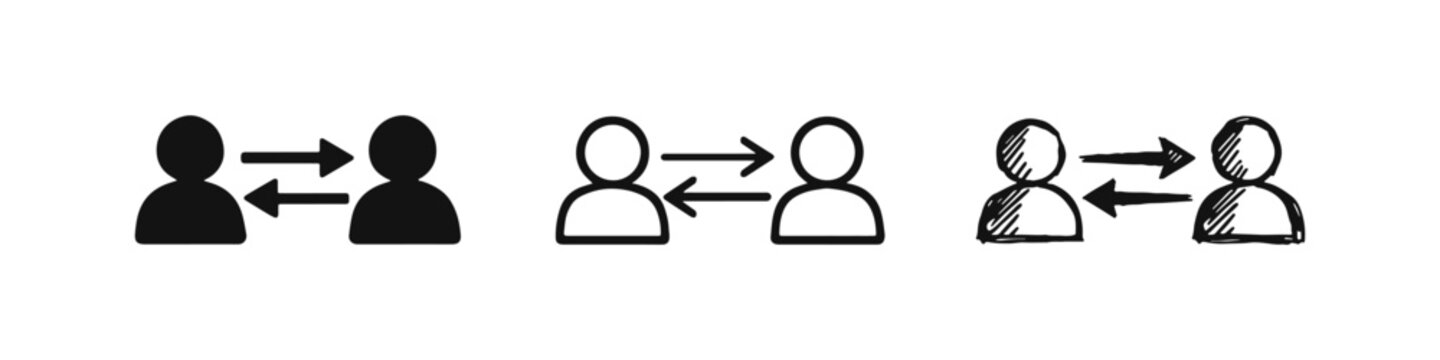 Two people with exchange arrows icon set. Communication, interaction, and peer to peer connection for social networks.