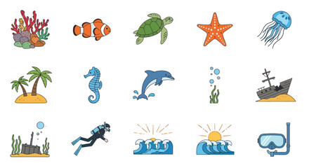 Colorful Flat Design Marine Life and Ocean Activity Icons Set. © Kantor