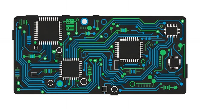 An intricately designed digital circuit board featuring a complex network of blue and green conductive pathways and multiple microchips on a dark