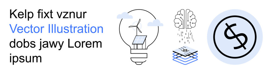 Renewable energy, technology integration, financial growth, AI applications, innovation, sustainable development. A wind turbine inside a lightbulb, neural network, layered data dollar sign