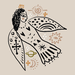 Fototapeta premium Bird Sirin monochrome linocut engraving style celestial folk fairytale elements set. Boho patterned woman sacred goddess animal in cottagecore vibe, floral ornament. Hygge, lagom and fika Scandinavian