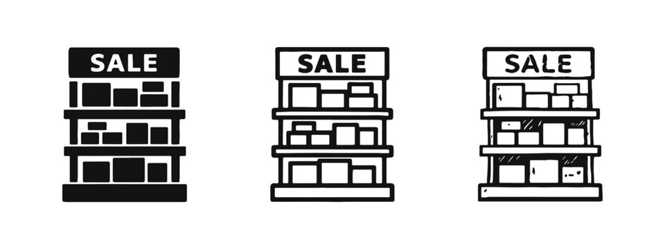 Retail sale display shelf icon set with products and a 'SALE' sign, in solid, outline, and hand-drawn styles.