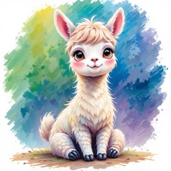 Fototapeta premium Adorable Baby Llama Clipart: Pastel Brushstrokes, Soft Wool Texture, Rosy Cheeks, Isolated on White for Spring Designs and Cute Projects
