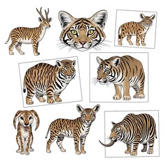 Fototapeta premium Collection of cartoon tiger cubs and fantasy striped animals with various features on a white background