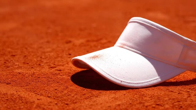 A white visor hat lies on a reddish clay tennis court, with sunlight casting shadows, suggesting a sunny outdoor tennis match.